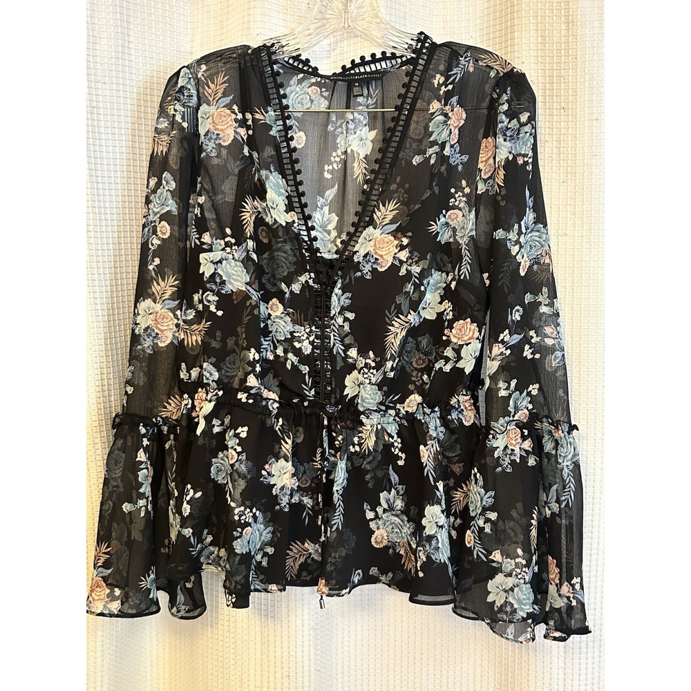Black Sheer Floral Bell Sleeve Peplum Blouse M Boho Hippie